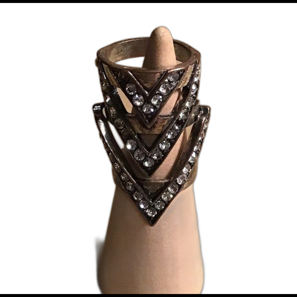 Vintage Art Deco Gunmetal & Pave Rhinestone Triple Chevron Statement Ring 8